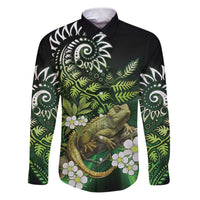 Aotearoa New Zealand Tuatara Family Matching Puletasi and Hawaiian Shirt Maori Koru Art LT05 Dad's Shirt - Long Sleeve Green - Polynesian Pride
