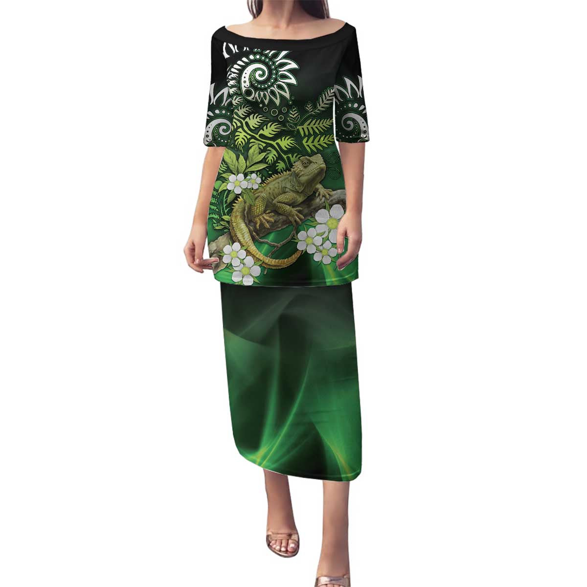 Aotearoa New Zealand Tuatara Family Matching Puletasi and Hawaiian Shirt Maori Koru Art LT05 Mom's Dress Green - Polynesian Pride