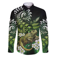 Aotearoa New Zealand Tuatara Family Matching Short Sleeve Bodycon Dress and Hawaiian Shirt Maori Koru Art LT05 Dad's Shirt - Long Sleeve Green - Polynesian Pride