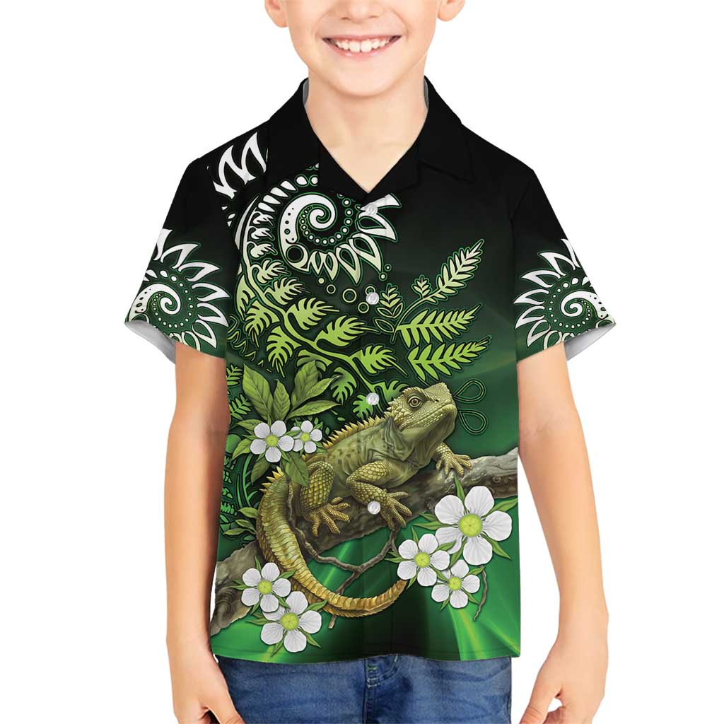 Aotearoa New Zealand Tuatara Family Matching Summer Maxi Dress and Hawaiian Shirt Maori Koru Art LT05 Son's Shirt Green - Polynesian Pride