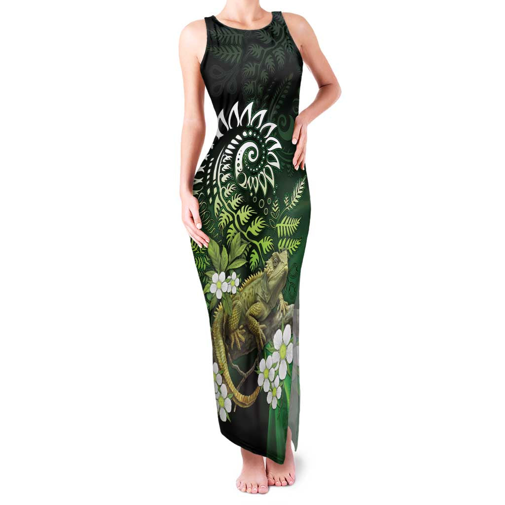 Aotearoa New Zealand Tuatara Family Matching Tank Maxi Dress and Hawaiian Shirt Maori Koru Art LT05 Mom's Dress Green - Polynesian Pride