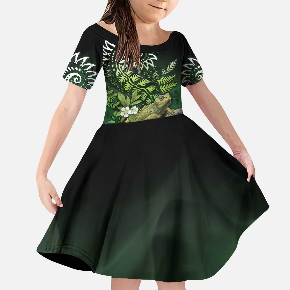 Aotearoa New Zealand Tuatara Kid Short Sleeve Dress Maori Koru Art LT05 KID Green - Polynesian Pride