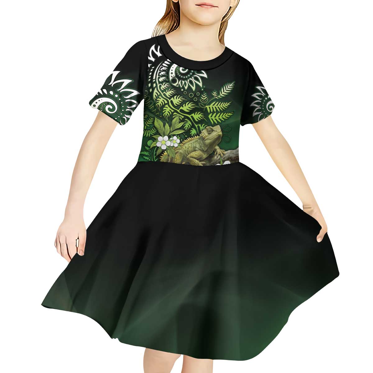 Aotearoa New Zealand Tuatara Kid Short Sleeve Dress Maori Koru Art LT05 - Polynesian Pride