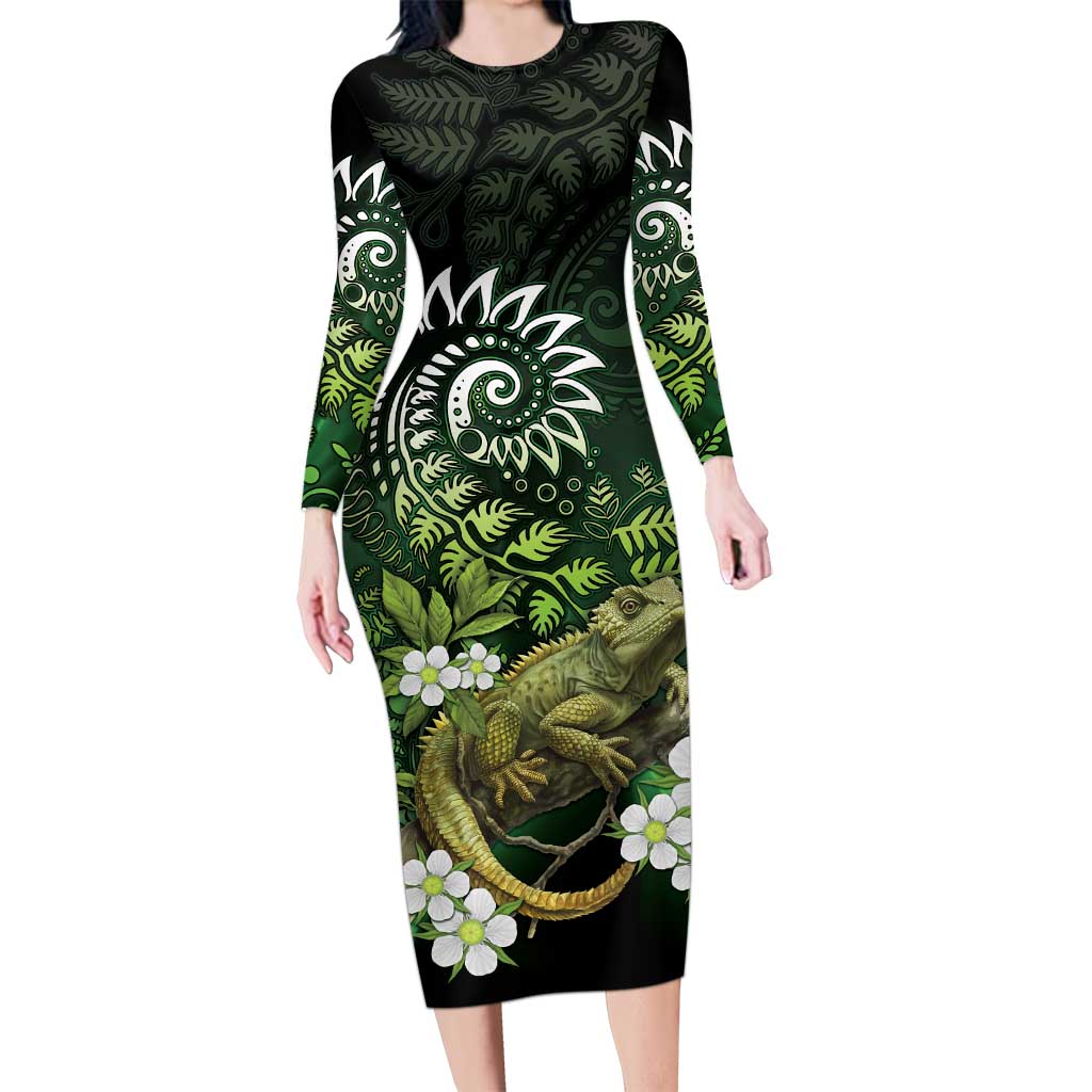 Aotearoa New Zealand Tuatara Long Sleeve Bodycon Dress Maori Koru Art LT05 Long Dress Green - Polynesian Pride