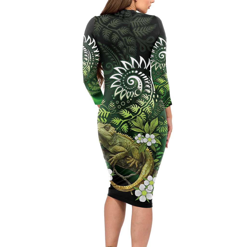 Aotearoa New Zealand Tuatara Long Sleeve Bodycon Dress Maori Koru Art LT05 - Polynesian Pride