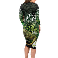 Aotearoa New Zealand Tuatara Long Sleeve Bodycon Dress Maori Koru Art LT05 - Polynesian Pride