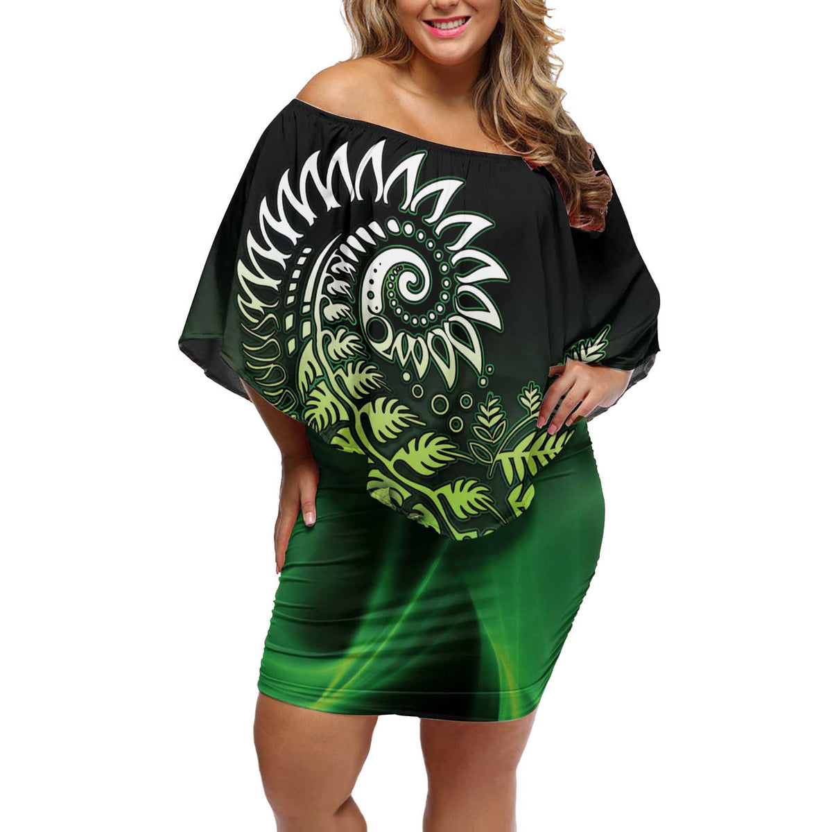 Aotearoa New Zealand Tuatara Off Shoulder Short Dress Maori Koru Art LT05 Women Green - Polynesian Pride
