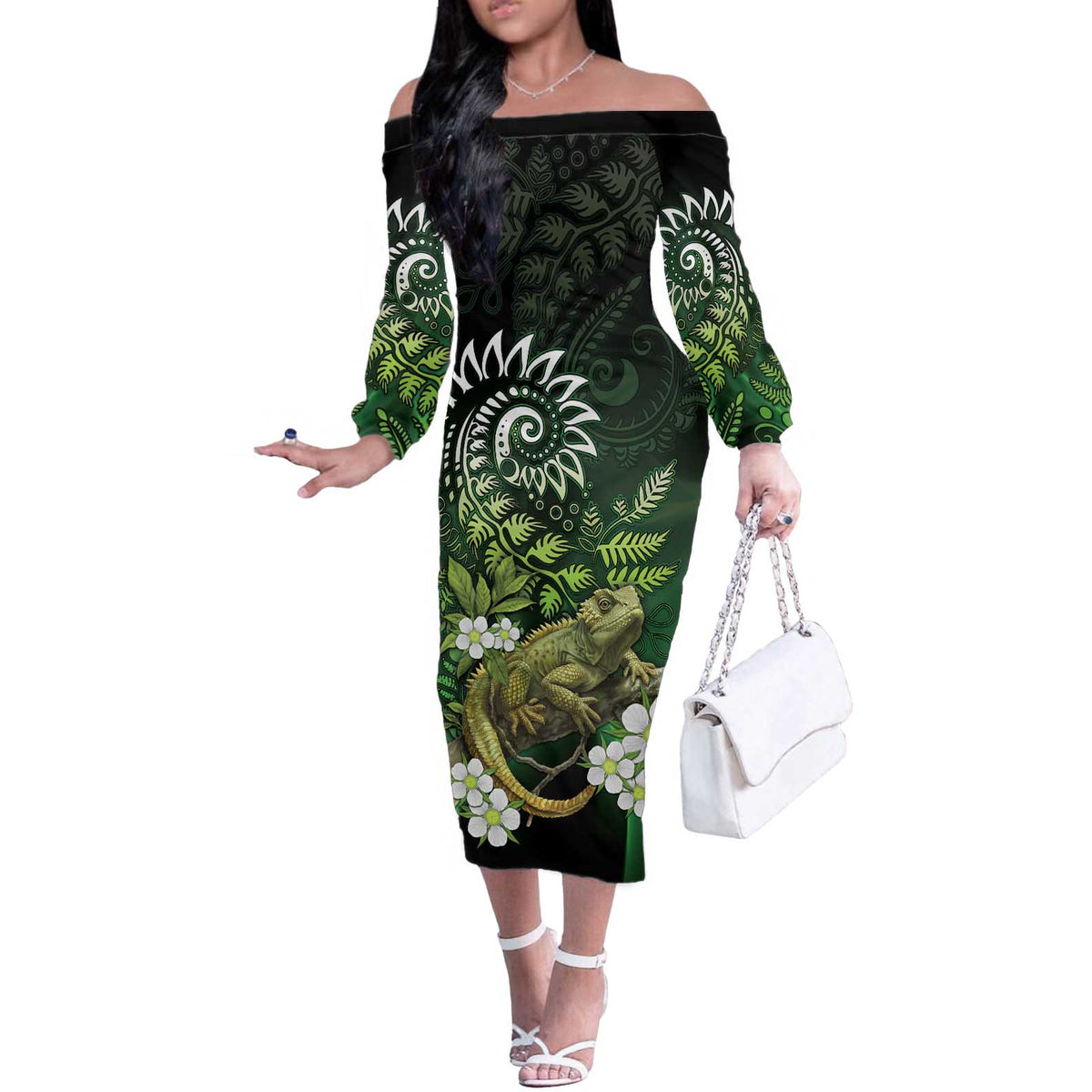 Aotearoa New Zealand Tuatara Off The Shoulder Long Sleeve Dress Maori Koru Art LT05 Women Green - Polynesian Pride