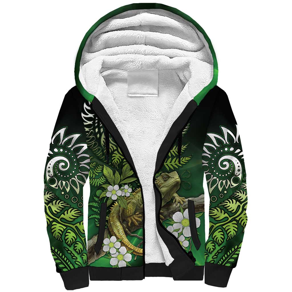 Aotearoa New Zealand Tuatara Sherpa Hoodie Maori Koru Art LT05 Unisex Green - Polynesian Pride