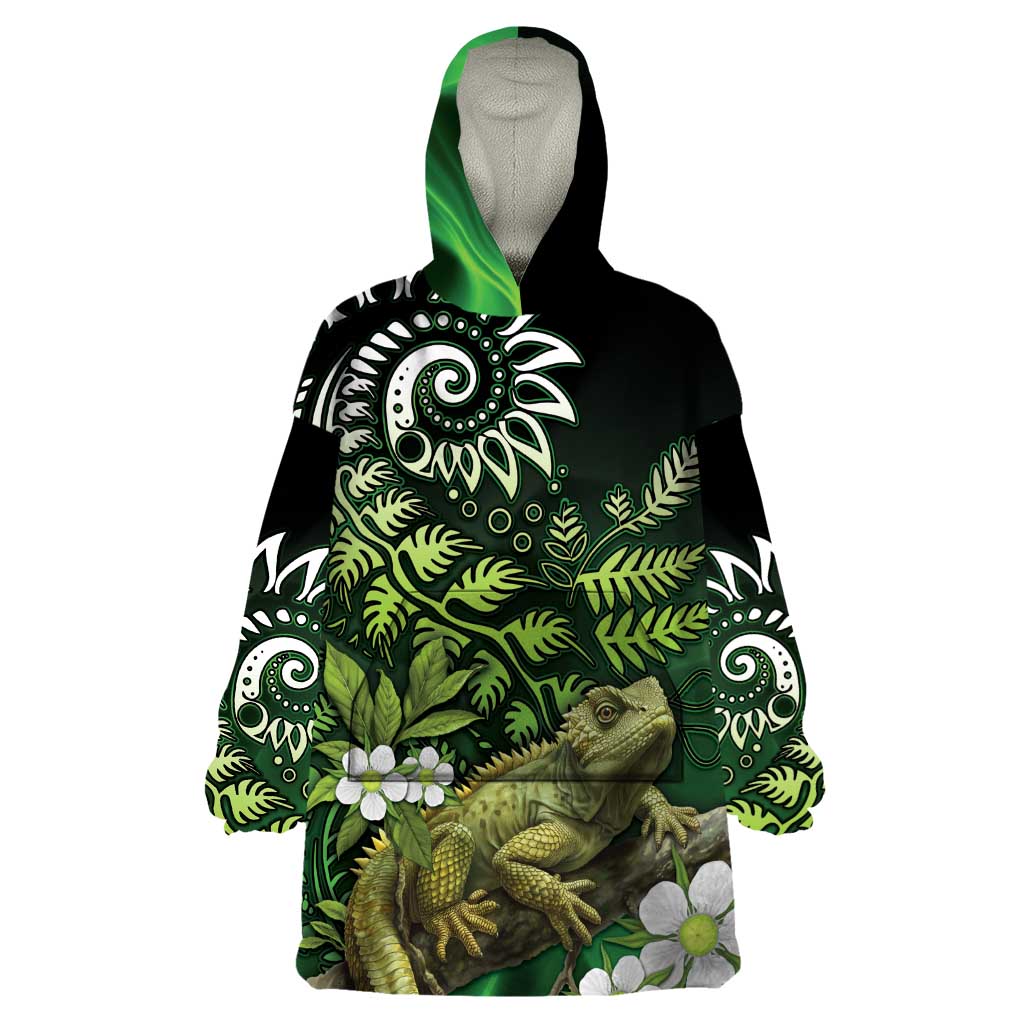 Aotearoa New Zealand Tuatara Wearable Blanket Hoodie Maori Koru Art LT05 One Size Green - Polynesian Pride