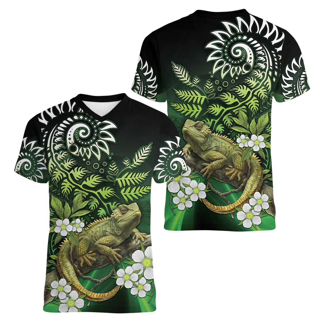 Aotearoa New Zealand Tuatara Women V-Neck T-Shirt Maori Koru Art LT05 - Polynesian Pride