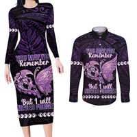 Personalised Alzheimer's Awareness Couples Matching Long Sleeve Bodycon Dress and Long Sleeve Button Shirt You May Not Remember But I Will Never Forget LT05 Purple - Polynesian Pride