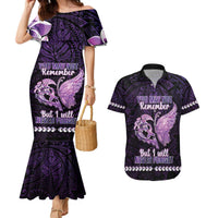 Personalised Alzheimer's Awareness Couples Matching Mermaid Dress and Hawaiian Shirt You May Not Remember But I Will Never Forget LT05 Purple - Polynesian Pride
