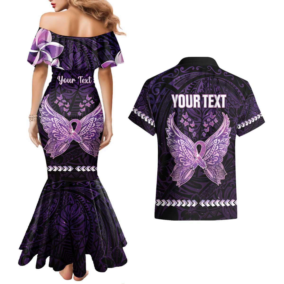 Personalised Alzheimer's Awareness Couples Matching Mermaid Dress and Hawaiian Shirt You May Not Remember But I Will Never Forget LT05 - Polynesian Pride