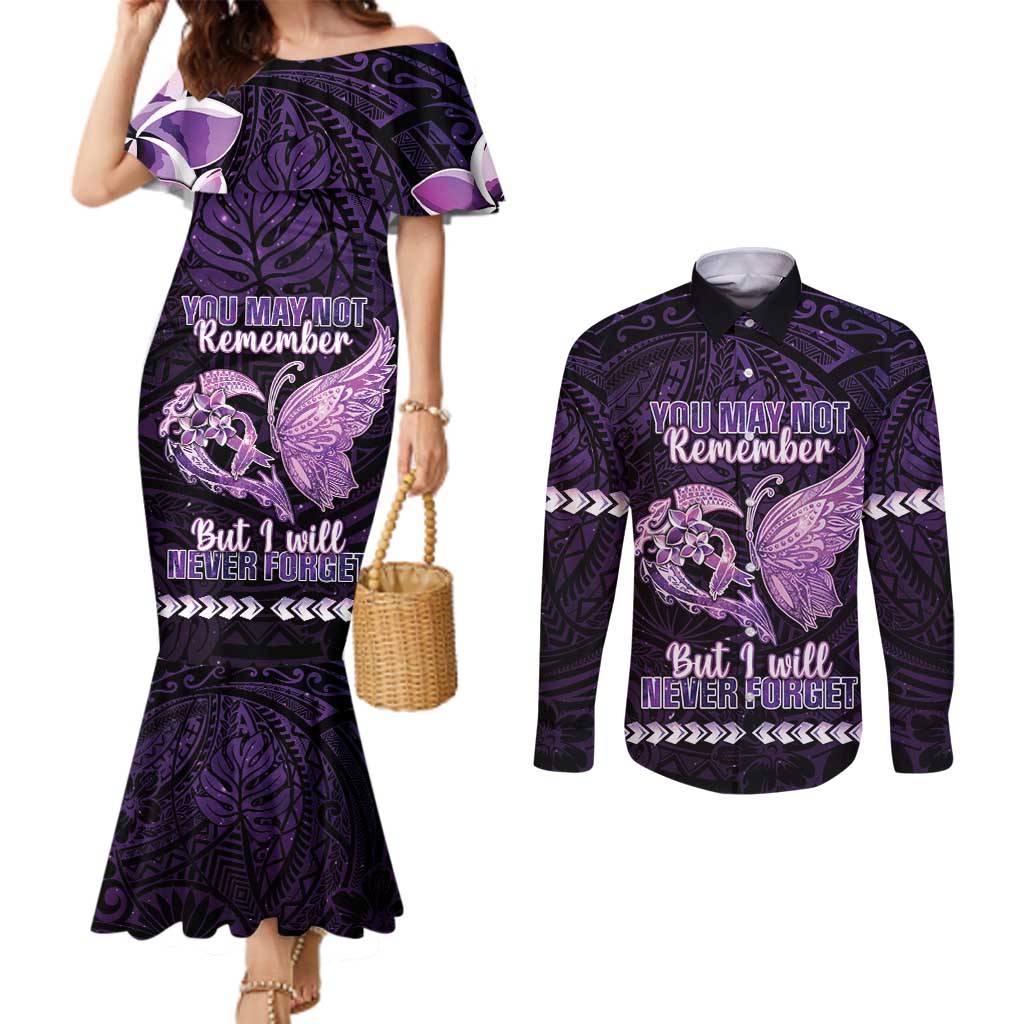 Personalised Alzheimer's Awareness Couples Matching Mermaid Dress and Long Sleeve Button Shirt You May Not Remember But I Will Never Forget LT05 Purple - Polynesian Pride