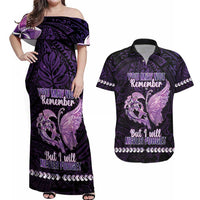Personalised Alzheimer's Awareness Couples Matching Off Shoulder Maxi Dress and Hawaiian Shirt You May Not Remember But I Will Never Forget LT05 Purple - Polynesian Pride