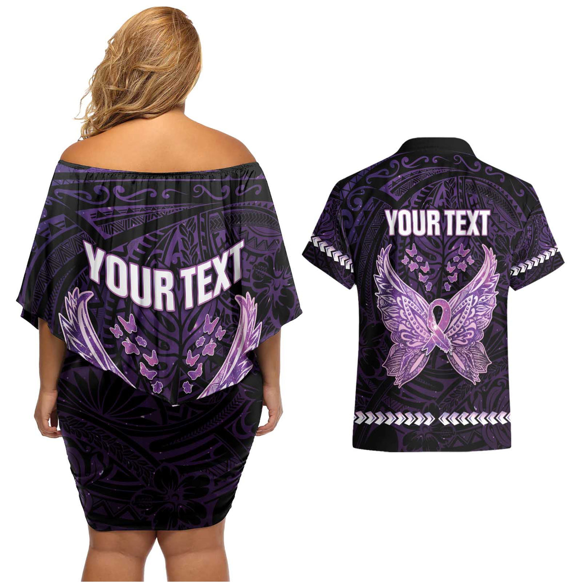 Personalised Alzheimer's Awareness Couples Matching Off Shoulder Short Dress and Hawaiian Shirt You May Not Remember But I Will Never Forget LT05 - Polynesian Pride