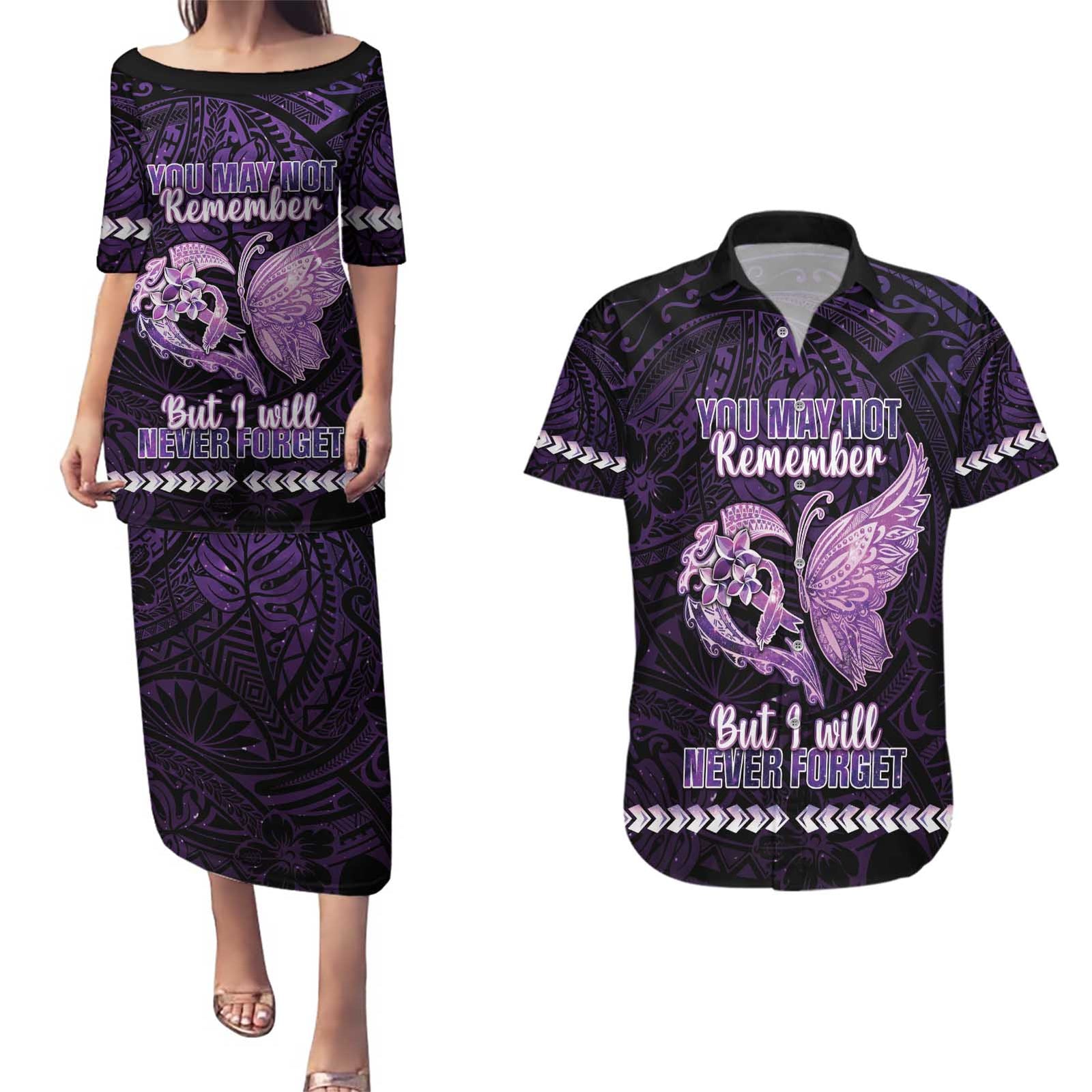 Personalised Alzheimer's Awareness Couples Matching Puletasi and Hawaiian Shirt You May Not Remember But I Will Never Forget