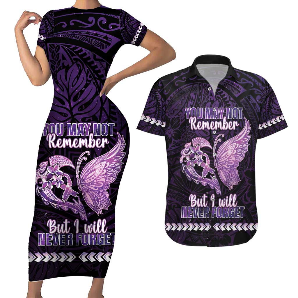 Personalised Alzheimer's Awareness Couples Matching Short Sleeve Bodycon Dress and Hawaiian Shirt You May Not Remember But I Will Never Forget LT05 Purple - Polynesian Pride