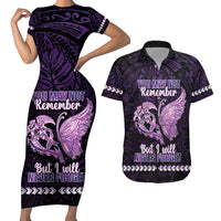 Personalised Alzheimer's Awareness Couples Matching Short Sleeve Bodycon Dress and Hawaiian Shirt You May Not Remember But I Will Never Forget LT05 Purple - Polynesian Pride