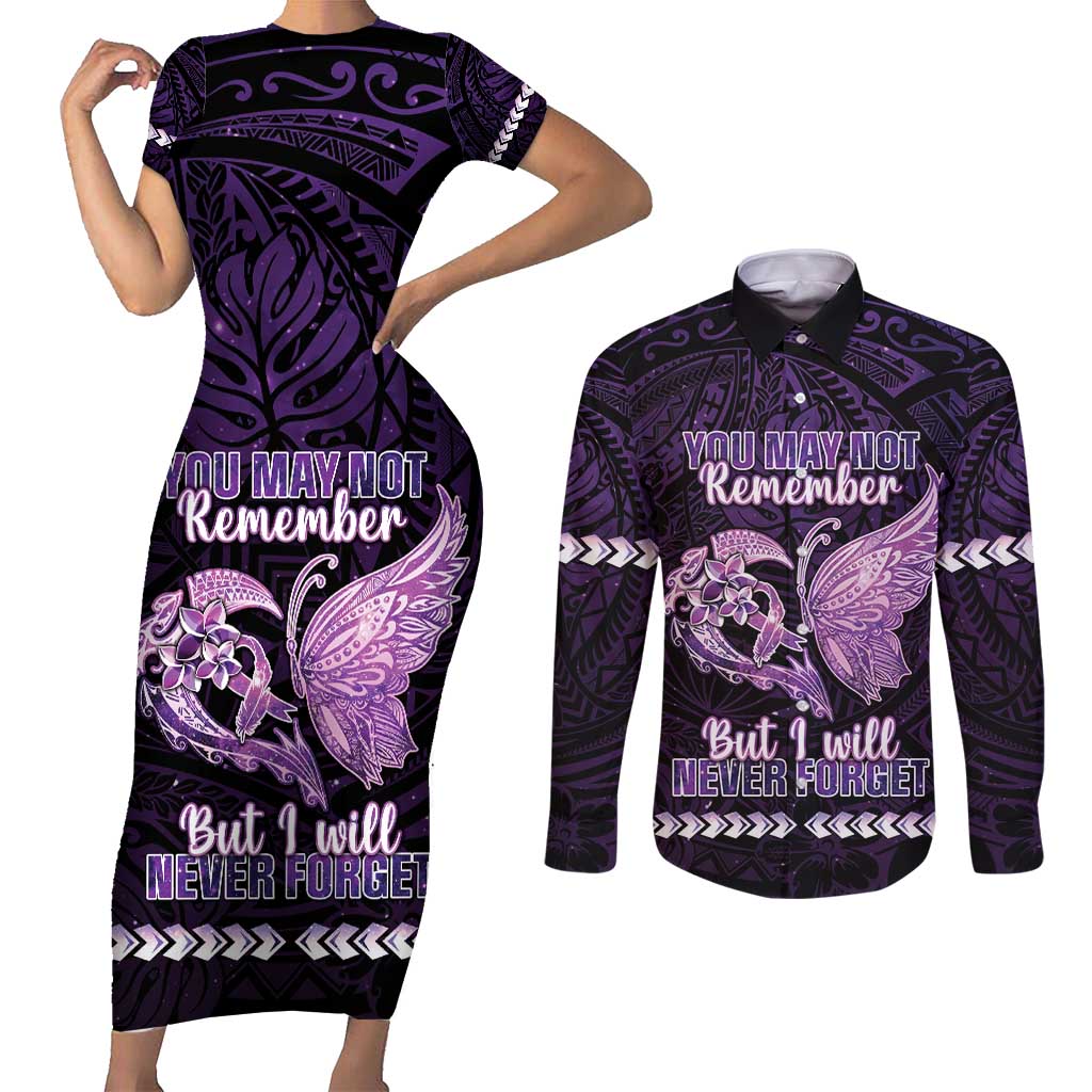 Personalised Alzheimer's Awareness Couples Matching Short Sleeve Bodycon Dress and Long Sleeve Button Shirt You May Not Remember But I Will Never Forget LT05 Purple - Polynesian Pride