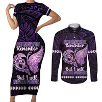 Personalised Alzheimer's Awareness Couples Matching Short Sleeve Bodycon Dress and Long Sleeve Button Shirt You May Not Remember But I Will Never Forget LT05 Purple - Polynesian Pride