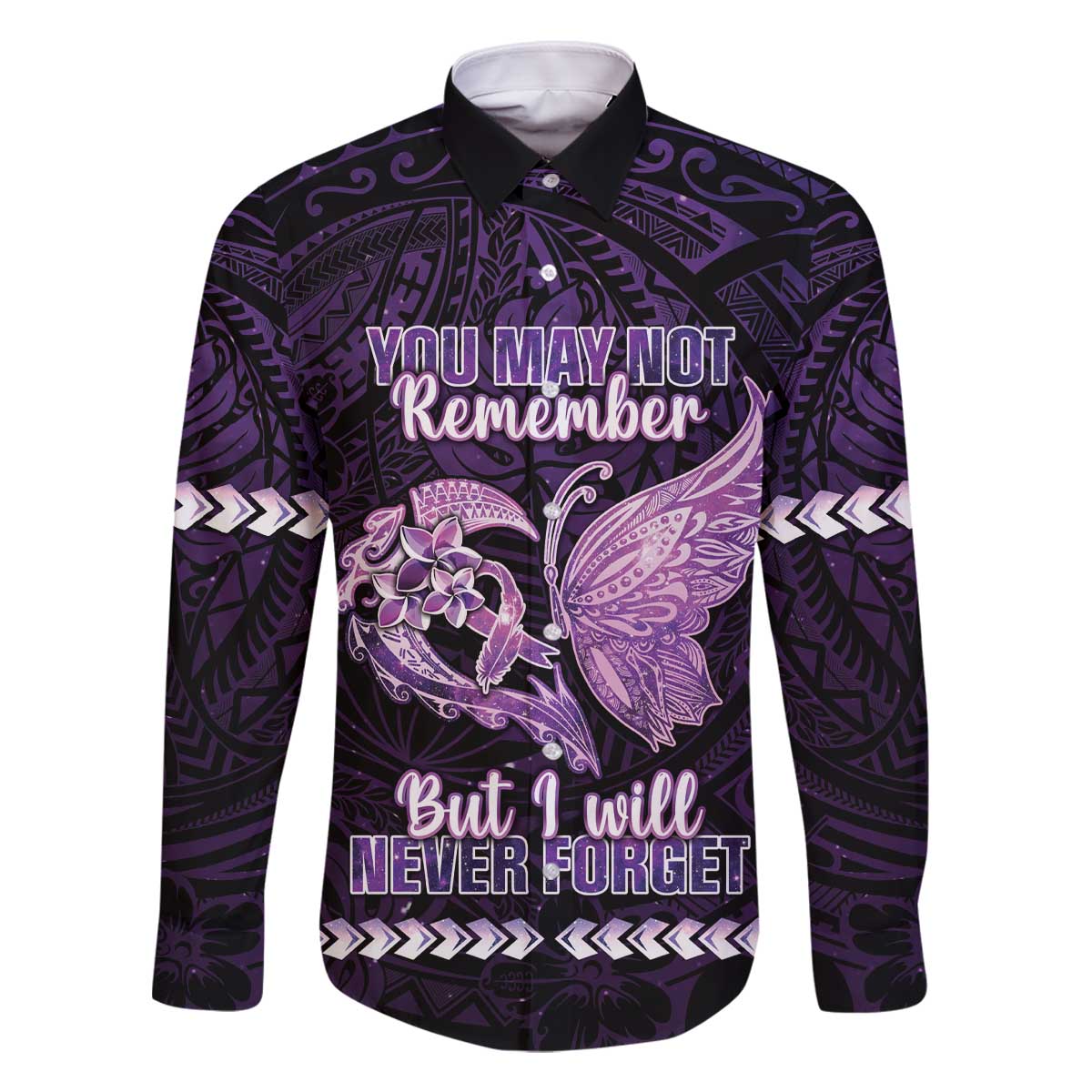 Personalised Alzheimer's Awareness Family Matching Off Shoulder Short Dress and Hawaiian Shirt You May Not Remember But I Will Never Forget LT05 Dad's Shirt - Long Sleeve Purple - Polynesian Pride