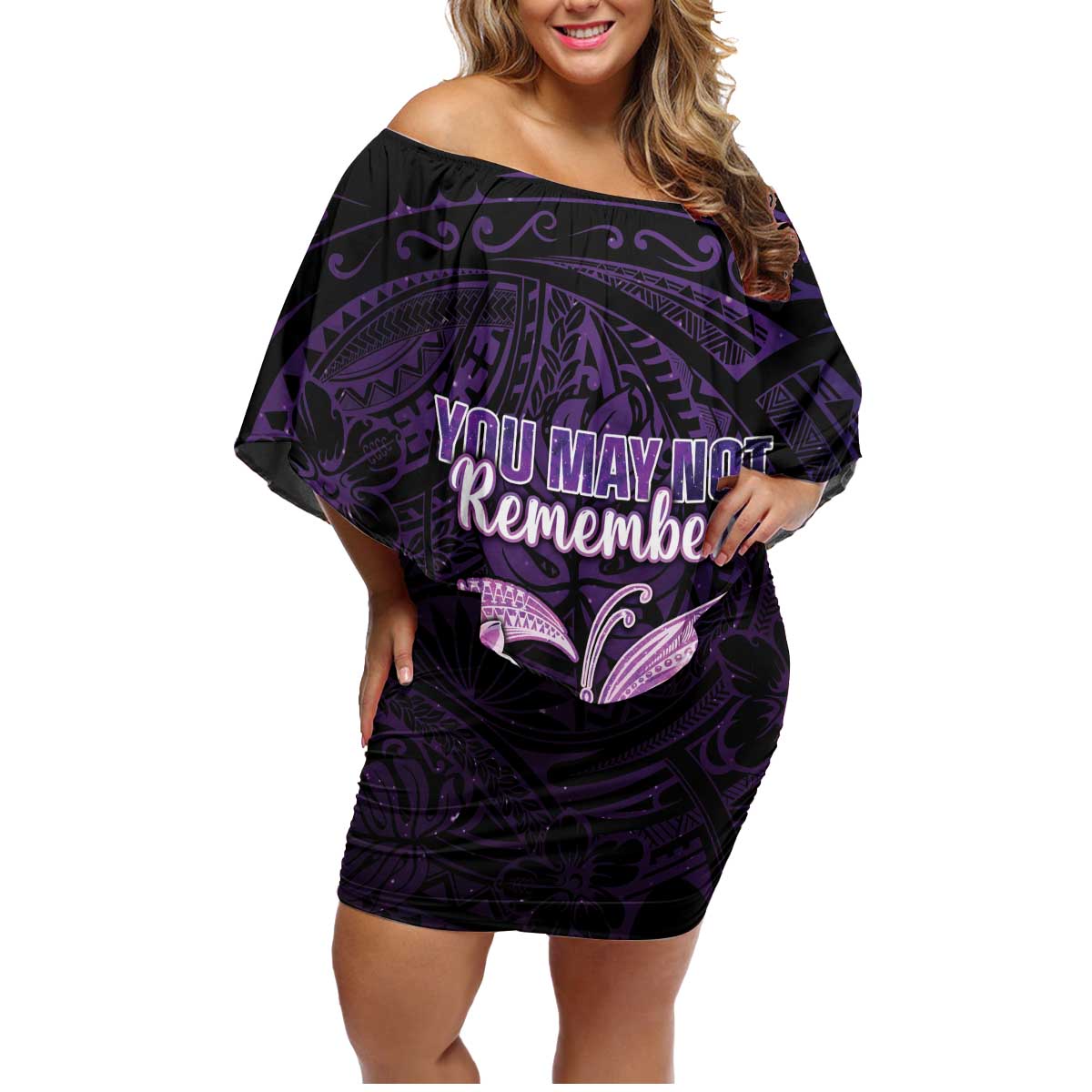 Personalised Alzheimer's Awareness Family Matching Off Shoulder Short Dress and Hawaiian Shirt You May Not Remember But I Will Never Forget LT05 Mom's Dress Purple - Polynesian Pride