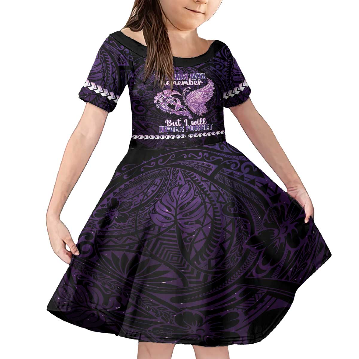 Personalised Alzheimer's Awareness Family Matching Puletasi and Hawaiian Shirt You May Not Remember But I Will Never Forget LT05 Daughter's Dress Purple - Polynesian Pride