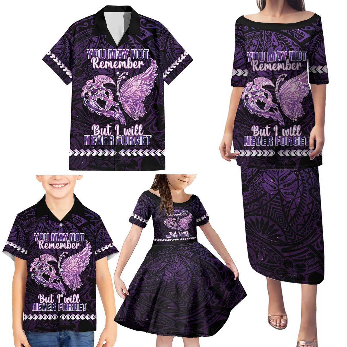 Personalised Alzheimer's Awareness Family Matching Puletasi and Hawaiian Shirt You May Not Remember But I Will Never Forget LT05 - Polynesian Pride