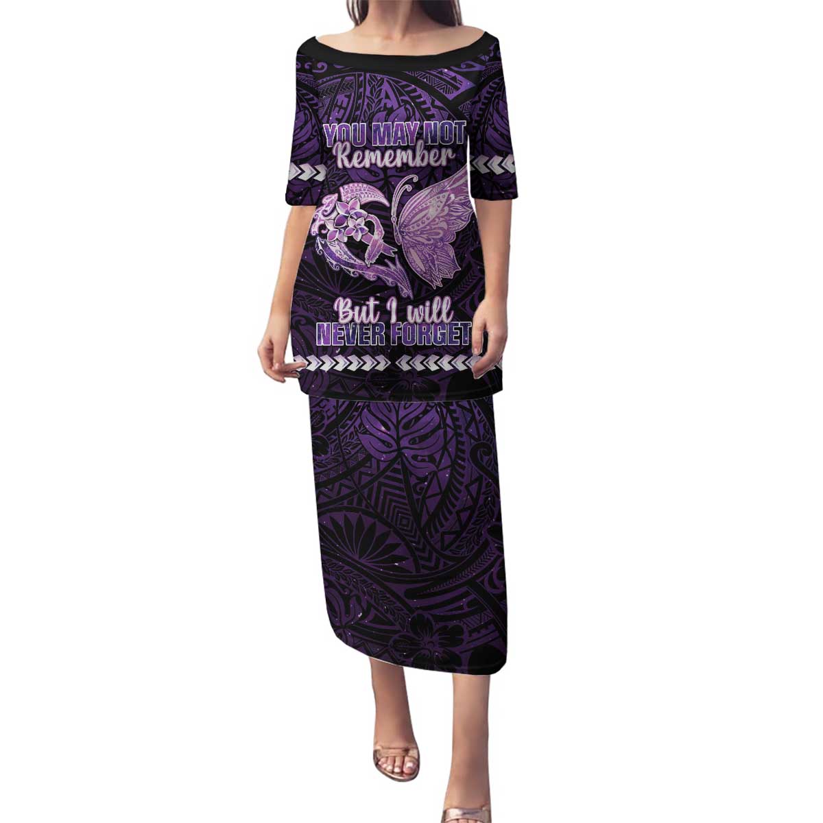 Personalised Alzheimer's Awareness Family Matching Puletasi and Hawaiian Shirt You May Not Remember But I Will Never Forget LT05 Mom's Dress Purple - Polynesian Pride