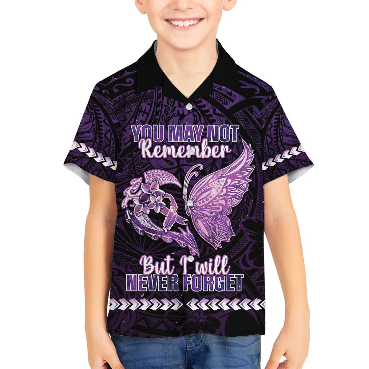 Personalised Alzheimer's Awareness Family Matching Puletasi and Hawaiian Shirt You May Not Remember But I Will Never Forget LT05 Son's Shirt Purple - Polynesian Pride