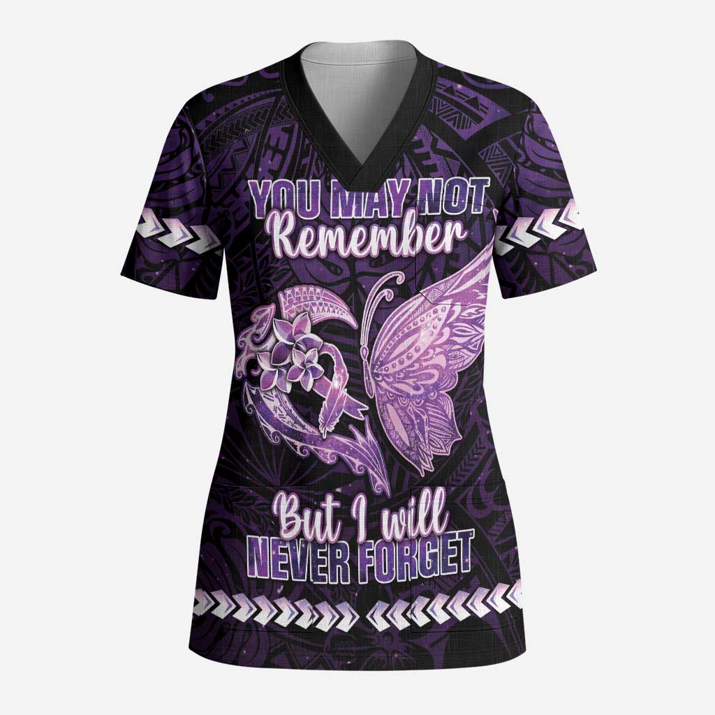 Personalised Alzheimer's Awareness Scrub Top You May Not Remember But I Will Never Forget LT05 Adult Purple - Polynesian Pride