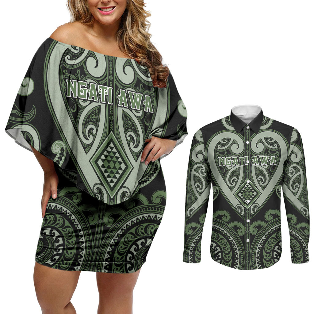 Custom Aotearoa Ngati Awa Couples Matching Off Shoulder Short Dress and Long Sleeve Button Shirt Maori Tribal Pattern