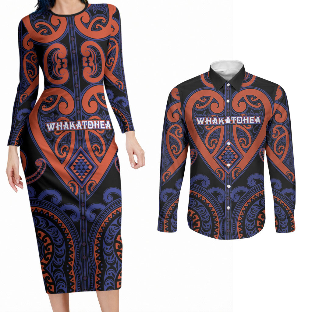 Custom Aotearoa Whakatohea Couples Matching Long Sleeve Bodycon Dress and Long Sleeve Button Shirt Maori Tribal Pattern LT05 Navy - Polynesian Pride