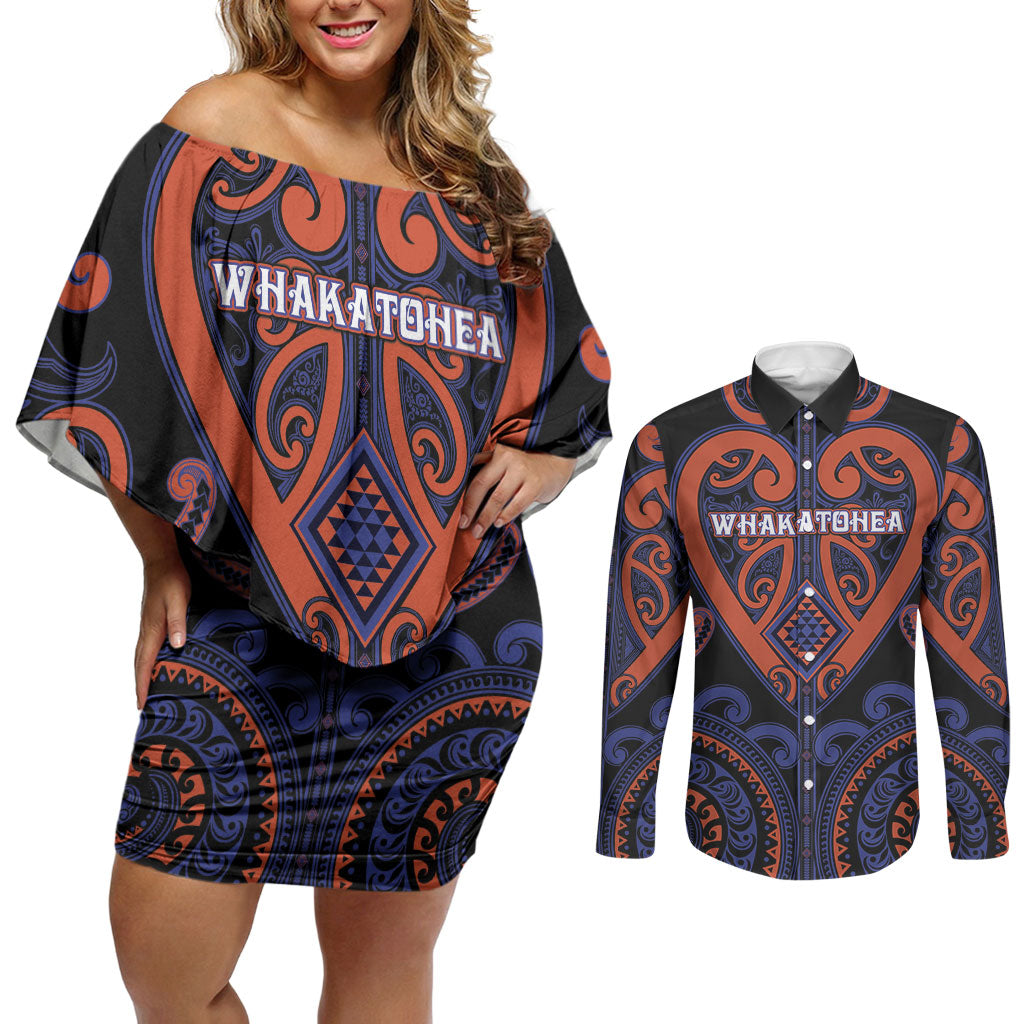 Custom Aotearoa Whakatohea Couples Matching Off Shoulder Short Dress and Long Sleeve Button Shirt Maori Tribal Pattern