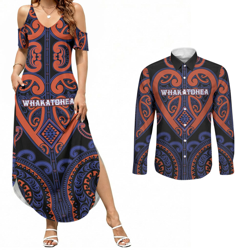 Custom Aotearoa Whakatohea Couples Matching Summer Maxi Dress and Long Sleeve Button Shirt Maori Tribal Pattern LT05 Navy - Polynesian Pride