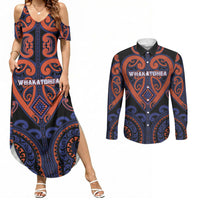 Custom Aotearoa Whakatohea Couples Matching Summer Maxi Dress and Long Sleeve Button Shirt Maori Tribal Pattern LT05 Navy - Polynesian Pride