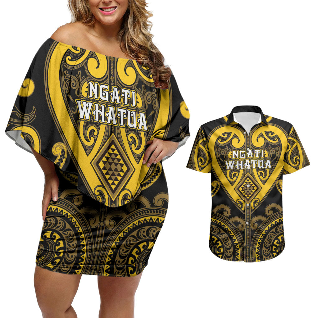 Custom Aotearoa Ngati Whatua Couples Matching Off Shoulder Short Dress and Hawaiian Shirt Maori Tribal Pattern LT05 Yellow - Polynesian Pride