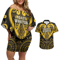 Custom Aotearoa Ngati Whatua Couples Matching Off Shoulder Short Dress and Hawaiian Shirt Maori Tribal Pattern LT05 Yellow - Polynesian Pride