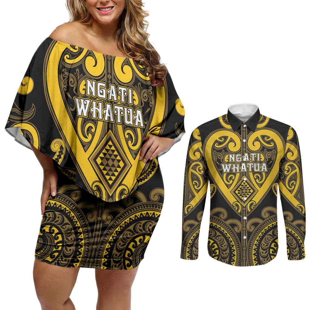 Custom Aotearoa Ngati Whatua Couples Matching Off Shoulder Short Dress and Long Sleeve Button Shirt Maori Tribal Pattern