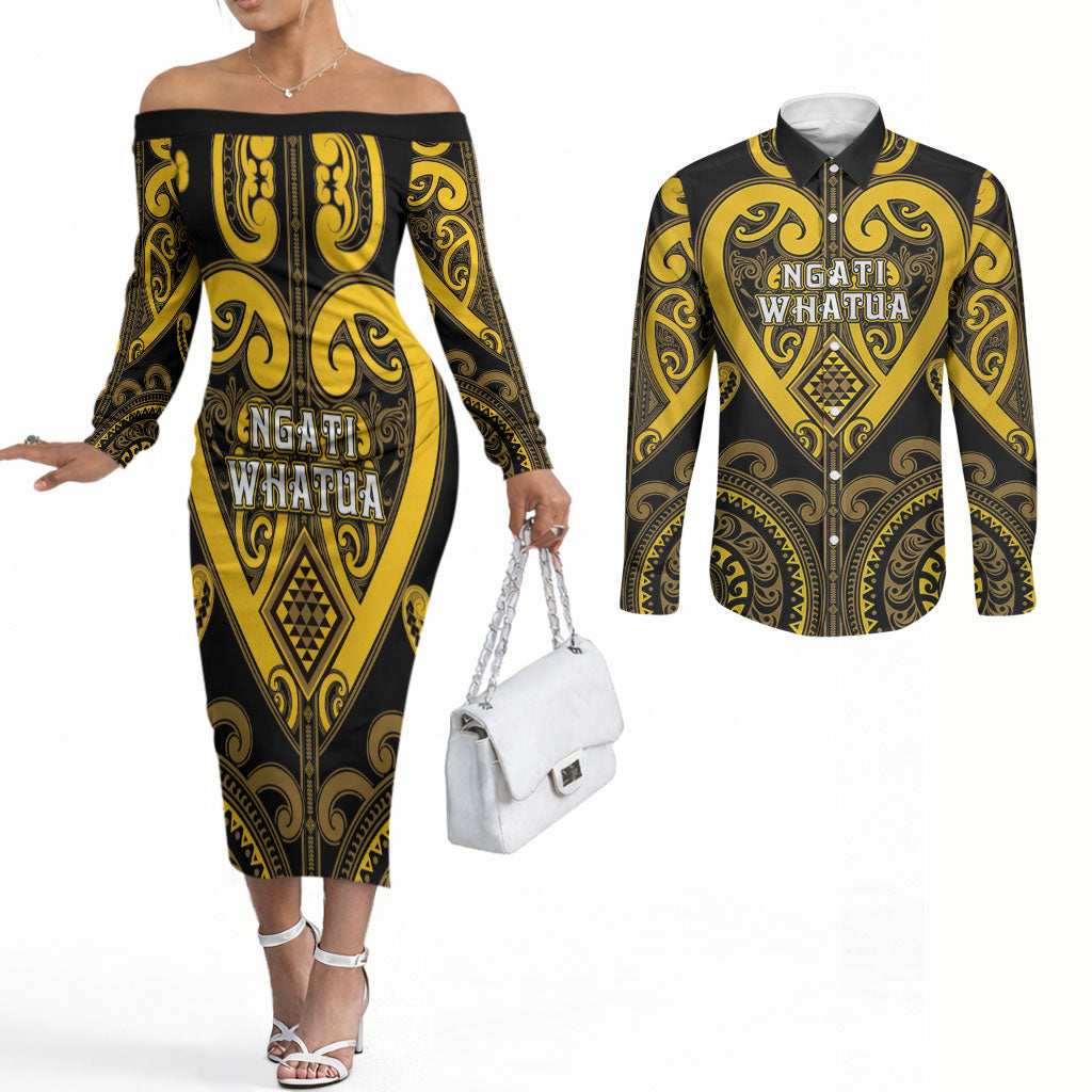 Custom Aotearoa Ngati Whatua Couples Matching Off The Shoulder Long Sleeve Dress and Long Sleeve Button Shirt Maori Tribal Pattern