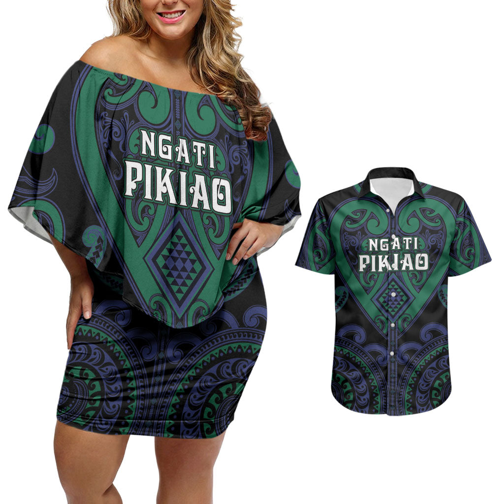 Custom Aotearoa Ngati Pikiao Couples Matching Off Shoulder Short Dress and Hawaiian Shirt Maori Tribal Pattern LT05 Green - Polynesian Pride