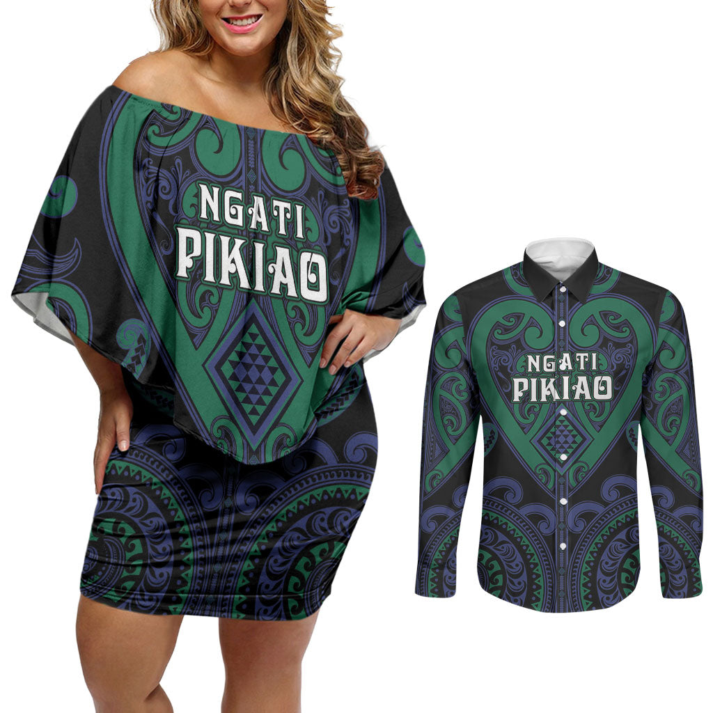 Custom Aotearoa Ngati Pikiao Couples Matching Off Shoulder Short Dress and Long Sleeve Button Shirt Maori Tribal Pattern