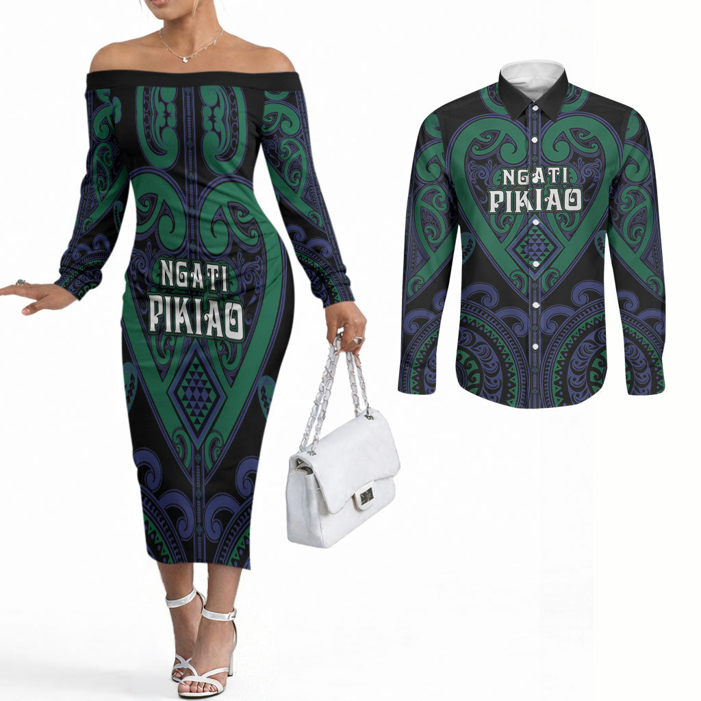 Custom Aotearoa Ngati Pikiao Couples Matching Off The Shoulder Long Sleeve Dress and Long Sleeve Button Shirt Maori Tribal Pattern