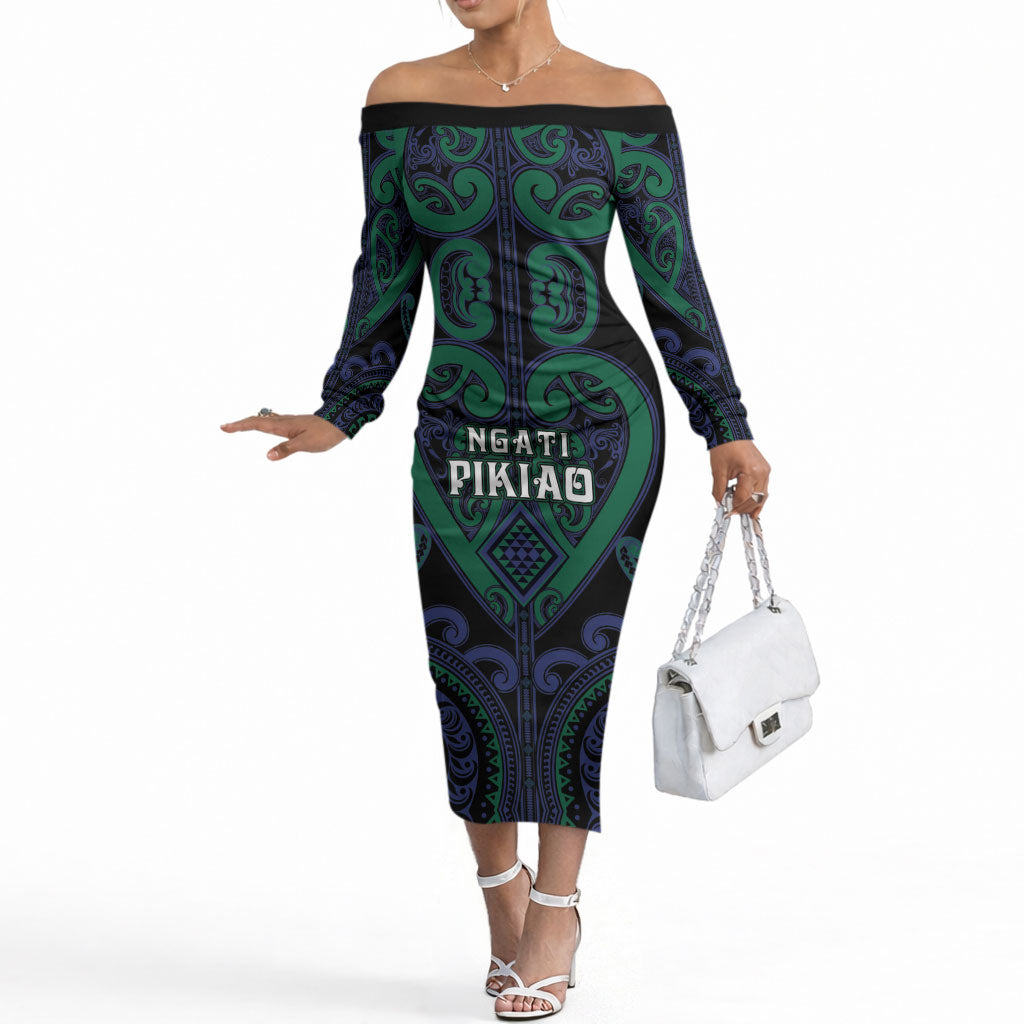 Custom Aotearoa Ngati Pikiao Off The Shoulder Long Sleeve Dress Maori Tribal Pattern