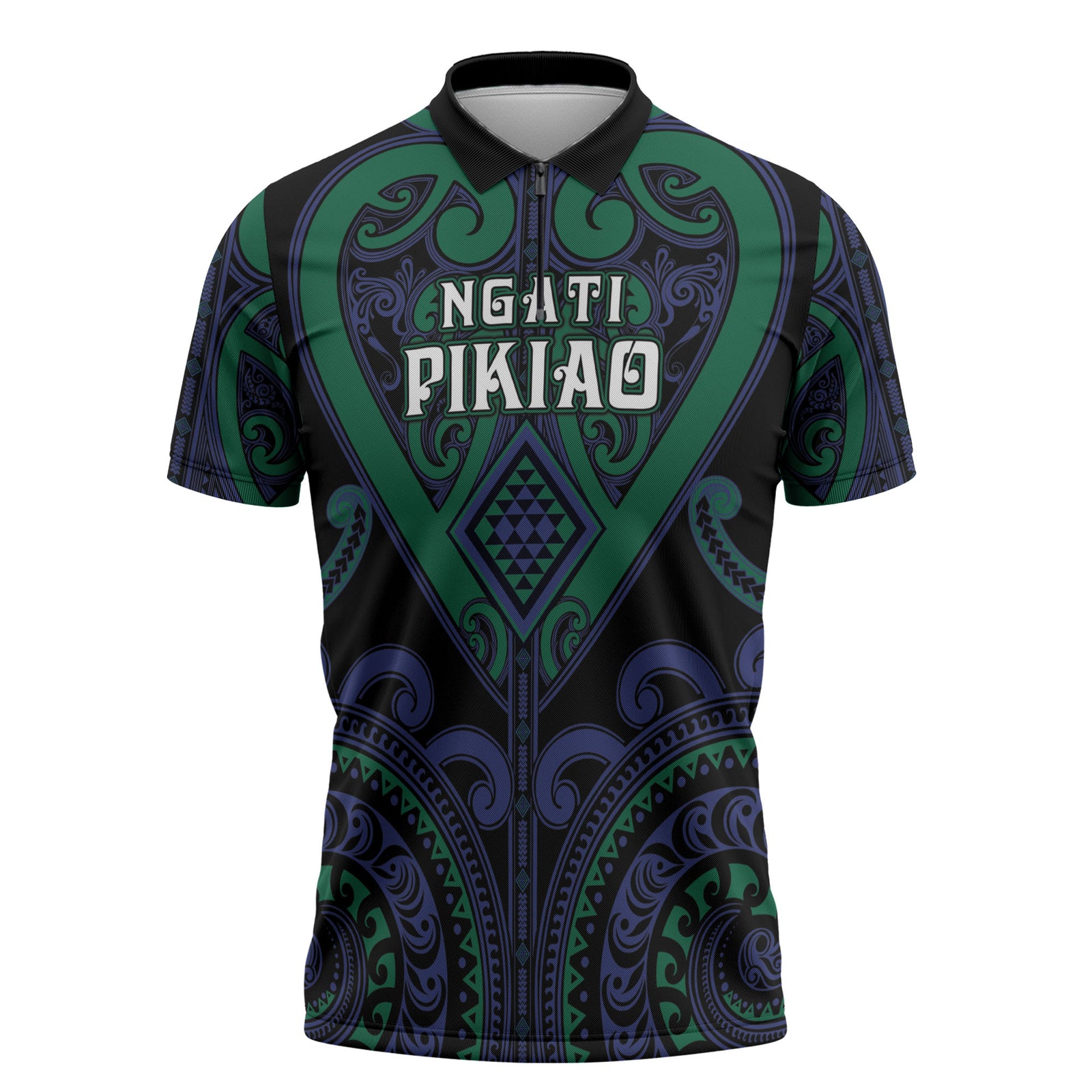 Custom Aotearoa Ngati Pikiao Zipper Polo Shirt Maori Tribal Pattern LT05 Green - Polynesian Pride