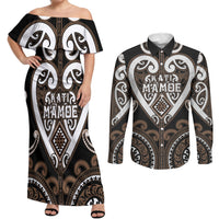 Custom Aotearoa Kati Mamoe Couples Matching Off Shoulder Maxi Dress and Long Sleeve Button Shirt Maori Tribal Pattern LT05 Brown - Polynesian Pride