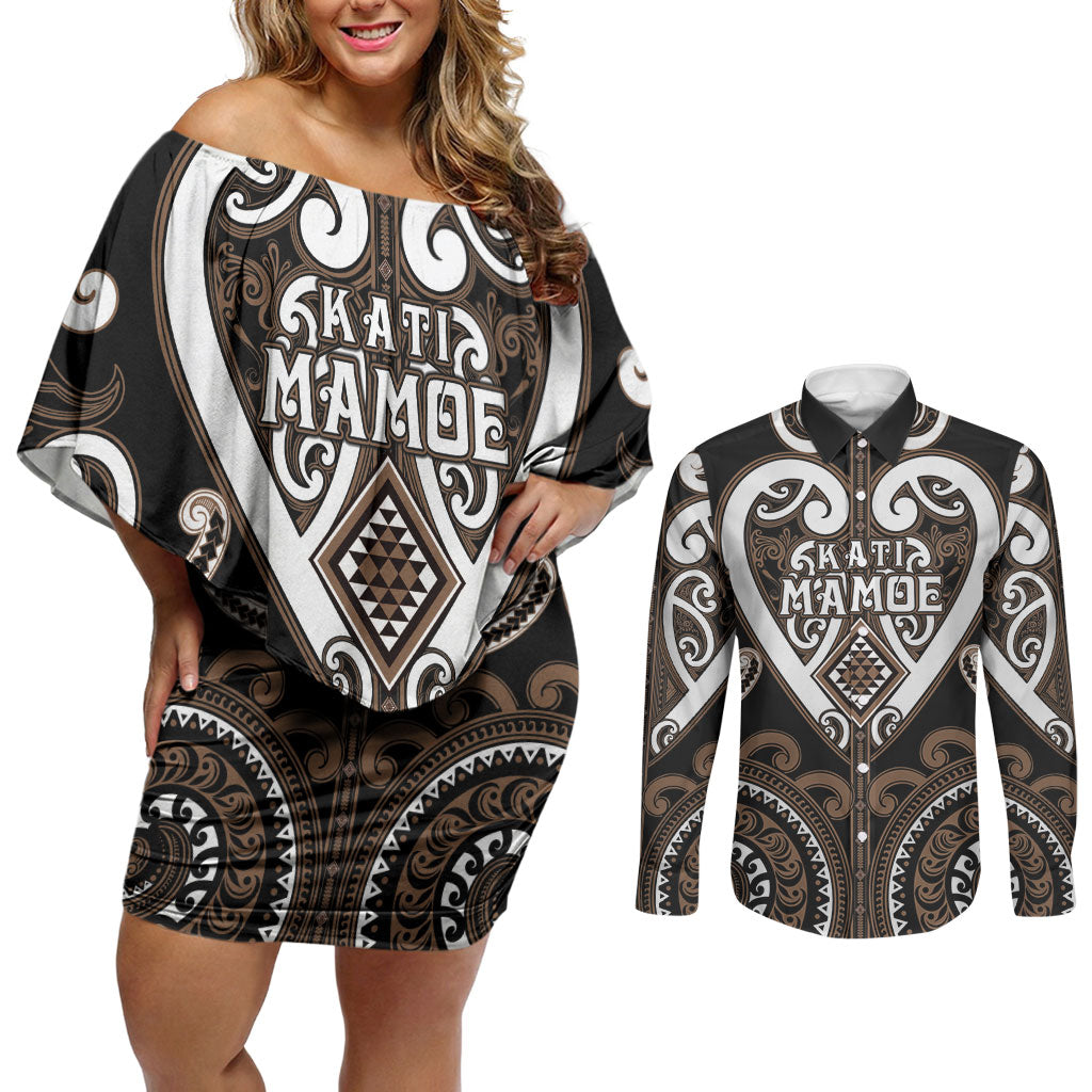 Custom Aotearoa Kati Mamoe Couples Matching Off Shoulder Short Dress and Long Sleeve Button Shirt Maori Tribal Pattern