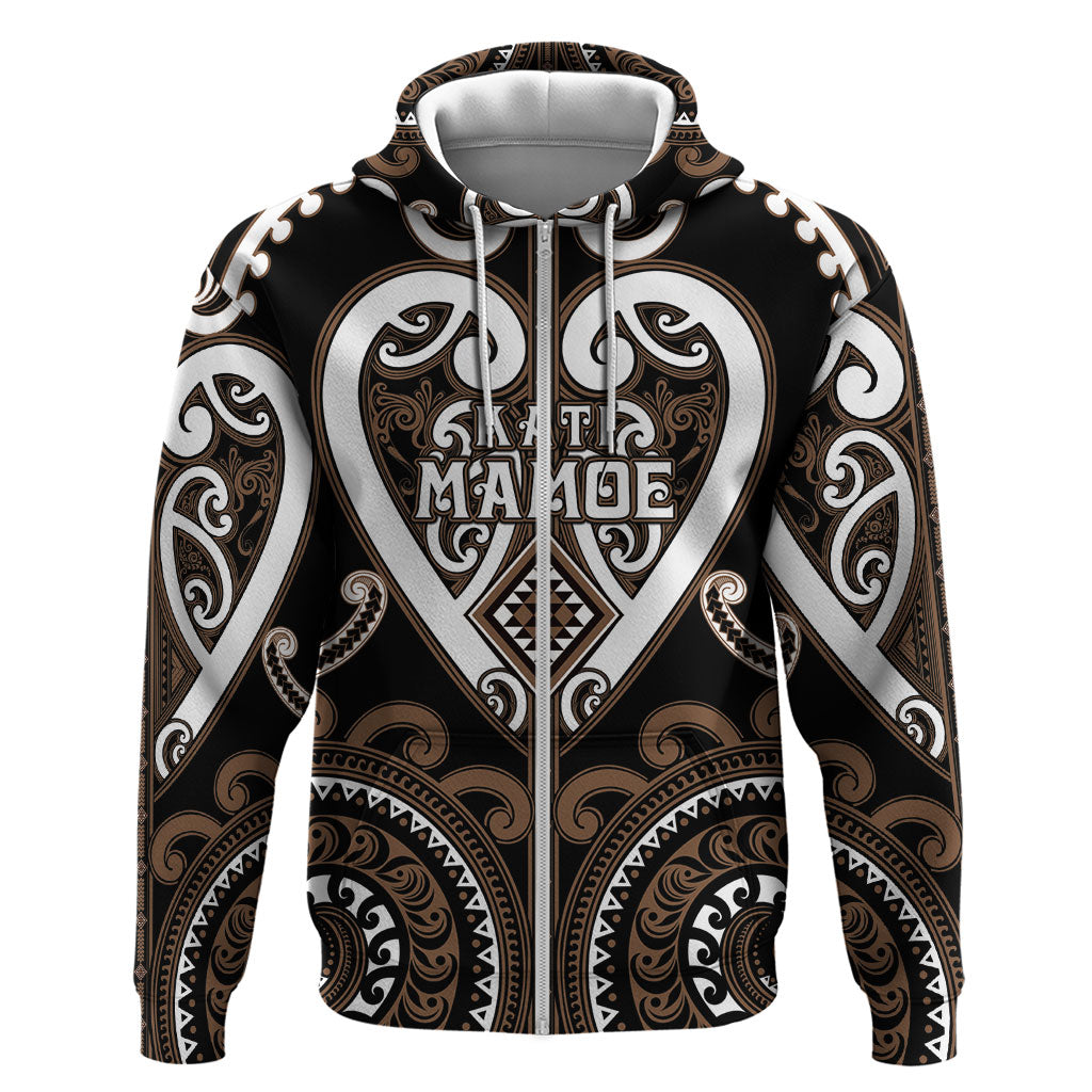 Custom Aotearoa Kati Mamoe Hoodie Maori Tribal Pattern LT05 Zip Hoodie Brown - Polynesian Pride